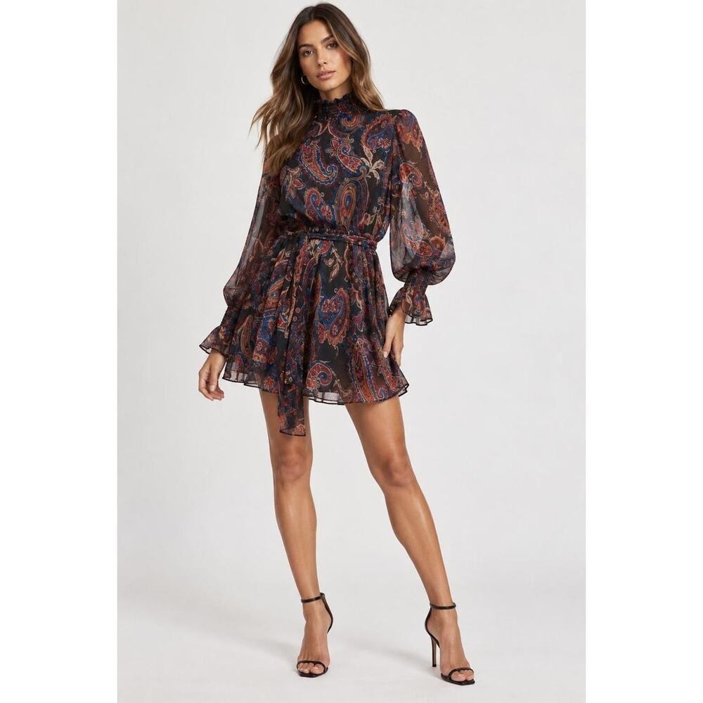 NWT Zara Paisley Smocked High Neck Long Sleeve Mini Dress XS